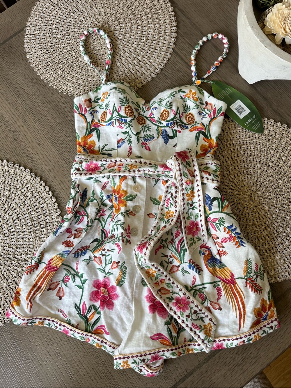 FARM Rio Embroidered Floral Romper in Cream with Multicolor Accents